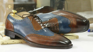 New Handmade Men's Brown Blue Leather Wing Tip Lace Up Shoes, Men Dress Formal Shoes