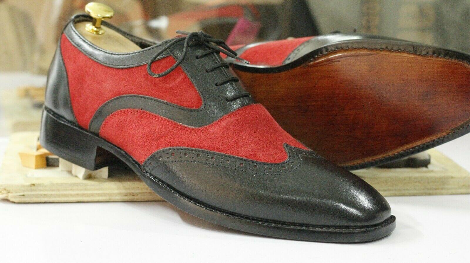 Men Black Red Oxford Brogue Wingtip Suede & Genuine Leather Shoes