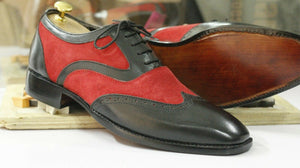 New Handmade Men's Black Red Leather Wing Tip Spectator Shoes, Men Dress Formal Office Shoes