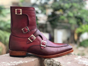 New Handmade Men's Burgundy Leather Buckles Boots, Men Ankle Boots, Men Fashion Boots