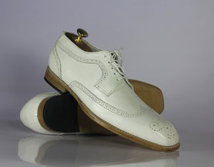 Handmade Men's Black Off White Wing Tip Brogue Leather Shoes, Men Lace up Designer Shoes