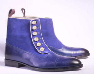 Handmade Men's Blue Cap Toe Ankle High Boots, Men Leather Suede Button Designer Boots