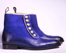 Load image into Gallery viewer, Handmade Men&#39;s Blue Cap Toe Ankle High Boots, Men Leather Suede Button Designer Boots