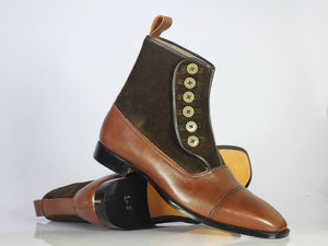 Handmade Men's Brown Leather Suede Cap Toe Button Boots, Men Ankle Boots, Men Fashion Boots