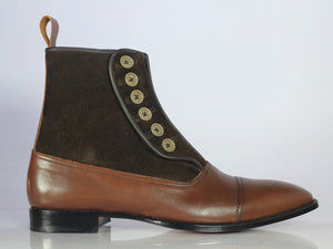 Handmade Men's Brown Leather Suede Cap Toe Button Boots, Men Ankle Boots, Men Fashion Boots