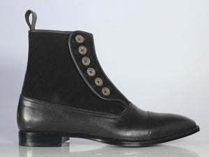 Handmade Men's Black Leather Suede Cap Toe Button Boots, Men Ankle Boots, Men Fashion Boots