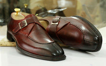 Load image into Gallery viewer, Handmade Men&#39;s Burgundy Leather Split Toe Shoes, Men Monk Strap Designer Dress Shoes