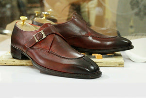 Handmade Men's Burgundy Leather Split Toe Shoes, Men Monk Strap Designer Dress Shoes
