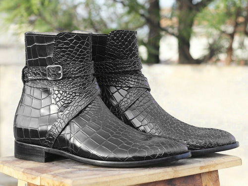 New Stylish Handmade Men's Black Alligator Textured Leather Jodhpur Boots, Men Ankle Boots, Men Fashion Boots