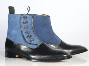 Designer Handmade Men's Black Blue Leather Suede Brogue Toe Boots, Men Ankle Boots, Men Fashion Boots