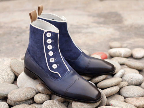 Elegant Handmade Men's Navy Blue Leather Suede Cap Toe Boots, Men Ankle Boots, Men Fashion Boots