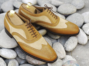 Awesome Handmade Pure Leather Suede Tan & Beige Wing Tip Brogue Oxford Dress Shoes, Men Designer Dress Formal Shoes