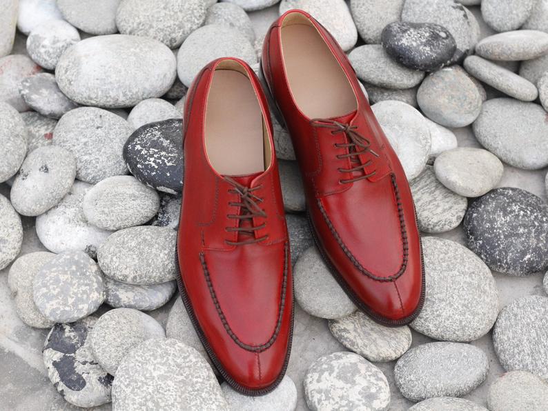 Elegant Handmade Men's Red Leather Split Toe Lace Up Shoes, Men Dress Formal Shoes
