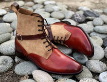 Load image into Gallery viewer, Beautiful Handmade Men&#39;s Burgundy Leather beige Suede Ankle High Boots, Men Fashion Boots