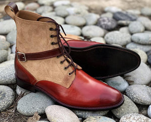 Beautiful Handmade Men's Burgundy Leather beige Suede Ankle High Boots, Men Fashion Boots