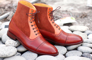 Awesome Handmade Men's Tan Brown Leather Suede Cap Toe Ankle High Boots, Men Fashion Boots