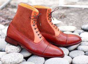 Awesome Handmade Men's Tan Brown Leather Suede Cap Toe Ankle High Boots, Men Fashion Boots