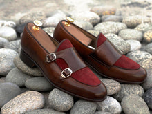 Load image into Gallery viewer, Awesome Handmade Men&#39;s Leather Suede Brown &amp; Burgundy Double Monk Slip On Loafers