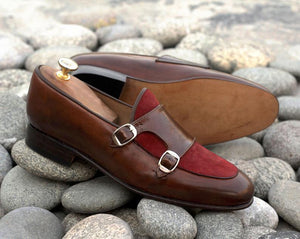 Awesome Handmade Men's Leather Suede Brown & Burgundy Double Monk Slip On Loafers
