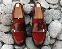 Load image into Gallery viewer, Awesome Handmade Men&#39;s Leather Suede Brown &amp; Burgundy Double Monk Slip On Loafers