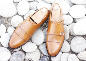 Stylish Handmade Men's Leather Tan Color Double Monk Strap Shoes, Men Dress Formal Cap Toe Shoes