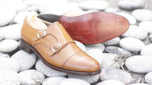 Stylish Handmade Men's Leather Tan Color Double Monk Strap Shoes, Men Dress Formal Cap Toe Shoes