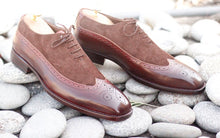 Load image into Gallery viewer, Elegant Handmade Men&#39;s Brown Leather Suede Wing Tip Brogue Shoes, Men Dress Formal Lace Up Shoes