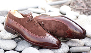 Elegant Handmade Men's Brown Leather Suede Wing Tip Brogue Shoes, Men Dress Formal Lace Up Shoes