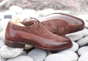 Elegant Handmade Men's Brown Leather Suede Wing Tip Brogue Shoes, Men Dress Formal Lace Up Shoes