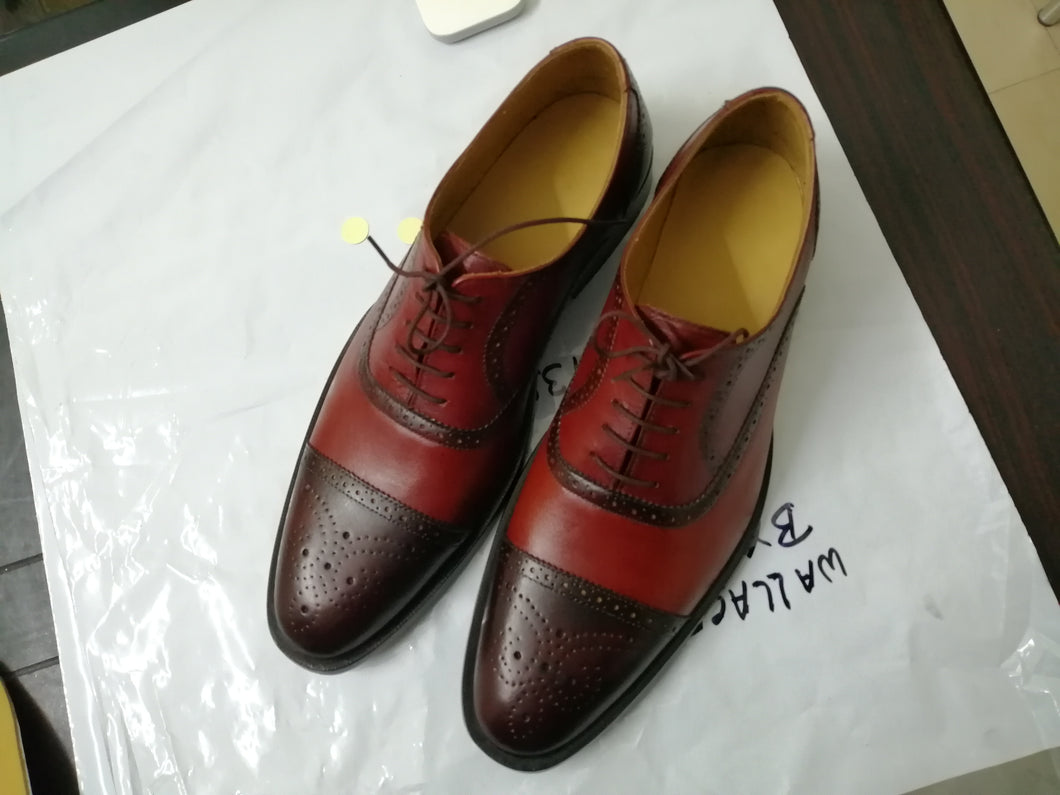 Stylish Men's Handmade Brown & Burgundy Cap Toe Brogue Dress Shoes - theleathersouq