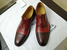Load image into Gallery viewer, Stylish Men&#39;s Handmade Brown &amp; Burgundy Cap Toe Brogue Dress Shoes - theleathersouq