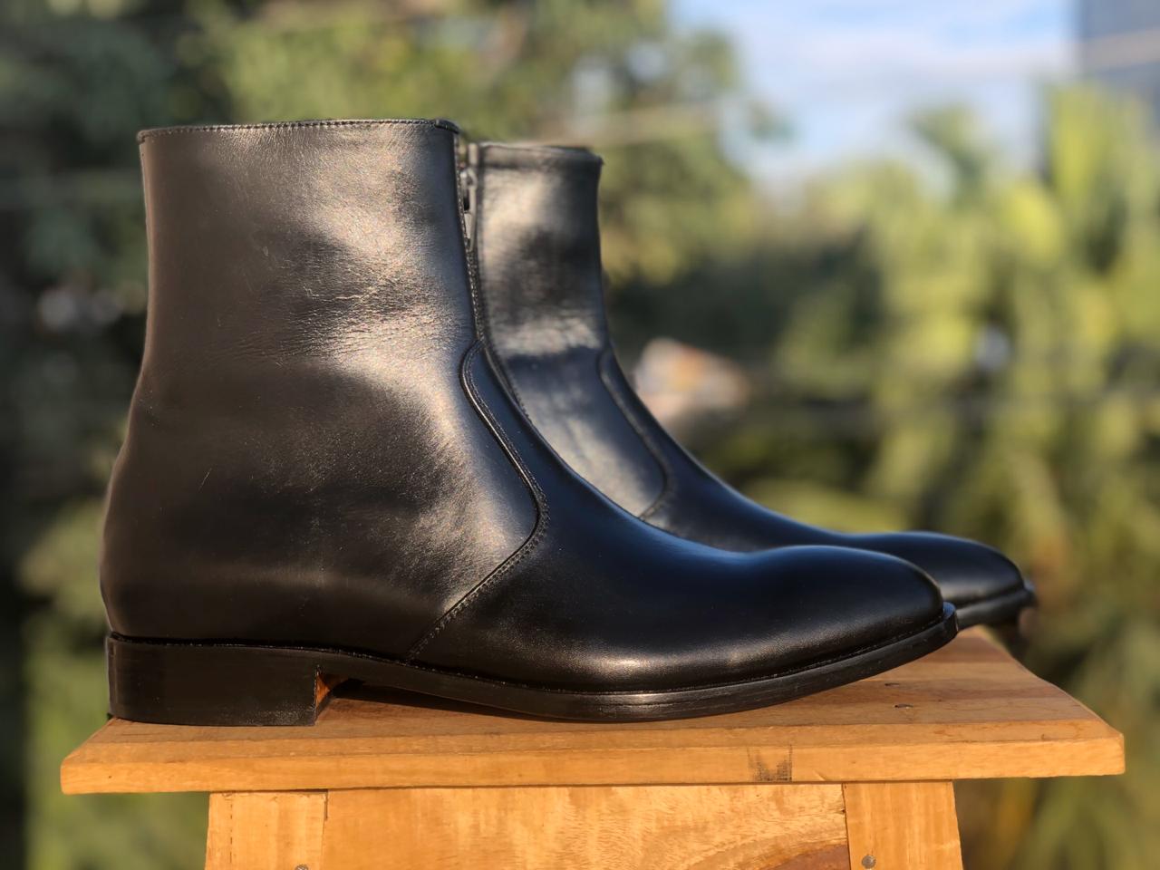 Men's Handmade Black Color Ankle High Boots, Men's Side Zipper