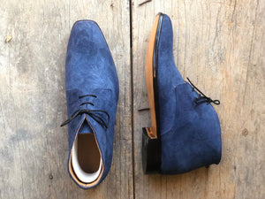 Men's Handmade Blue Ankle High Boots, Men's Lace Up Chukka Dress Casual Boots - theleathersouq