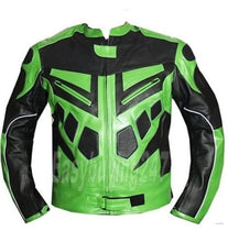 Load image into Gallery viewer, New Stylish Black &amp; Green Color Racing Motorcycle Armour Leather Jacket For Men - theleathersouq