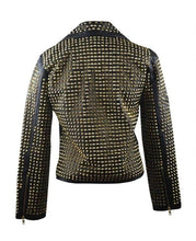 Load image into Gallery viewer, Awesome Woman Black Full Golden Studded Stylish Leather Jacket, Ladies Cowhide Leather Jacket