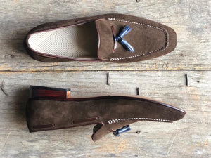 Elegant Men's Handmade Dark Brown Suede Tassel Moccasins, Men Slip On Tussle Shoes - theleathersouq