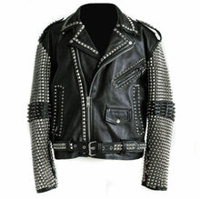 Load image into Gallery viewer, Awesome Mens Black Punk Silver Spiked Studded Real Leather Fashion Jacket