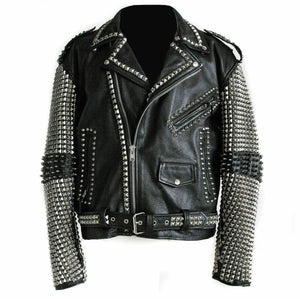 Awesome Mens Black Punk Silver Spiked Studded Real Leather Fashion Jacket