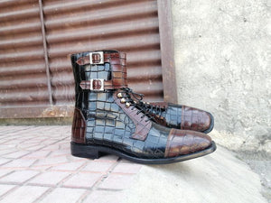 Elegant Men's Handmade Black Brown Alligator Textured Leather Boots, Men Fashion Ankle Boots