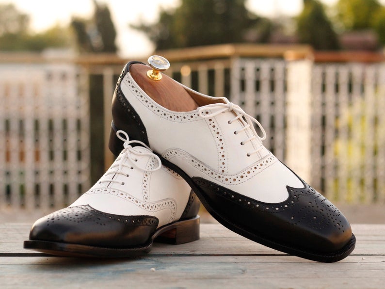Stylish Handmade Men's Black Off-White Leather Wing Tip Brogue Shoes ...