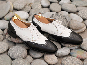 Stylish Handmade Men's Black Off-White Leather Wing Tip Brogue Shoes, Men Dress Formal Lace Up Shoes
