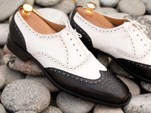 Load image into Gallery viewer, Stylish Handmade Men&#39;s Black Off-White Leather Wing Tip Brogue Shoes, Men Dress Formal Lace Up Shoes
