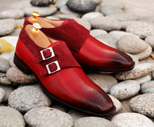 Load image into Gallery viewer, Awesome Handmade Pure Leather &amp; Suede Burgundy Color Double Monk Strap Brogue Toe Shoes, Men Dress Formal Shoes
