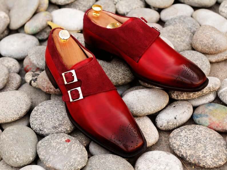 Awesome Handmade Pure Leather & Suede Burgundy Color Double Monk