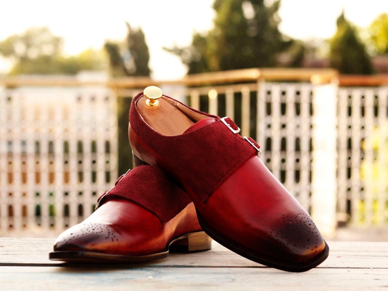 Awesome Handmade Pure Leather & Suede Burgundy Color Double Monk