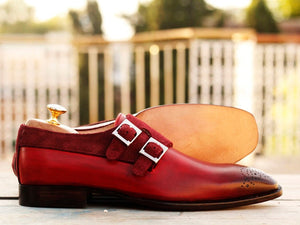 Awesome Handmade Pure Leather & Suede Burgundy Color Double Monk Strap Brogue Toe Shoes, Men Dress Formal Shoes