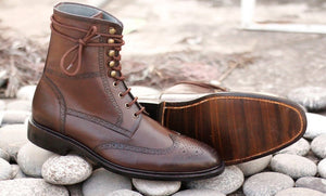 Awesome Handmade Men's Brown Leather Wing Tip Brogue Lace Up Boots, Men Ankle Boots, Men Fashion Boots