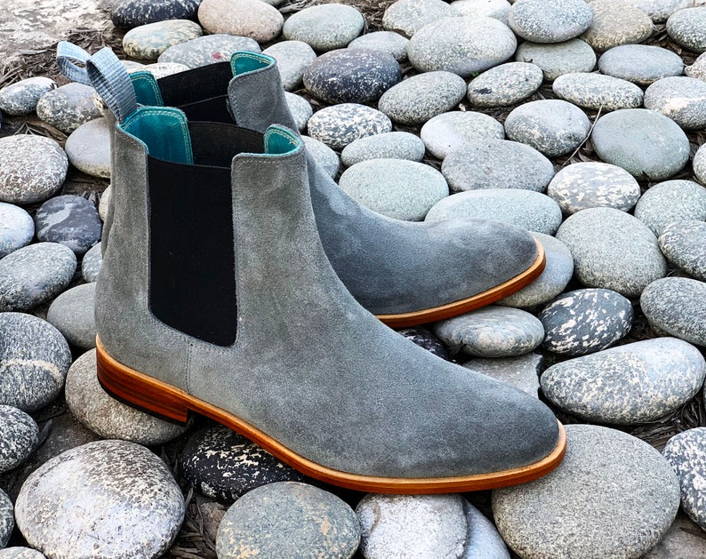 Awesome Handmade Men's Gray Suede Chelsea Slip On Boots, Men Fashion Dress Ankle Boots