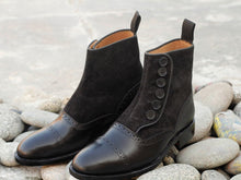 Load image into Gallery viewer, Awesome Handmade Men&#39;s Black Leather Suede Cap Toe Button Boots, Men Ankle Fashion Boots