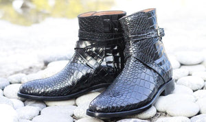 Awesome Handmade Men's Black Alligator Textured Leather Jodhpur Boots, Men Fashion Dress Ankle Boots